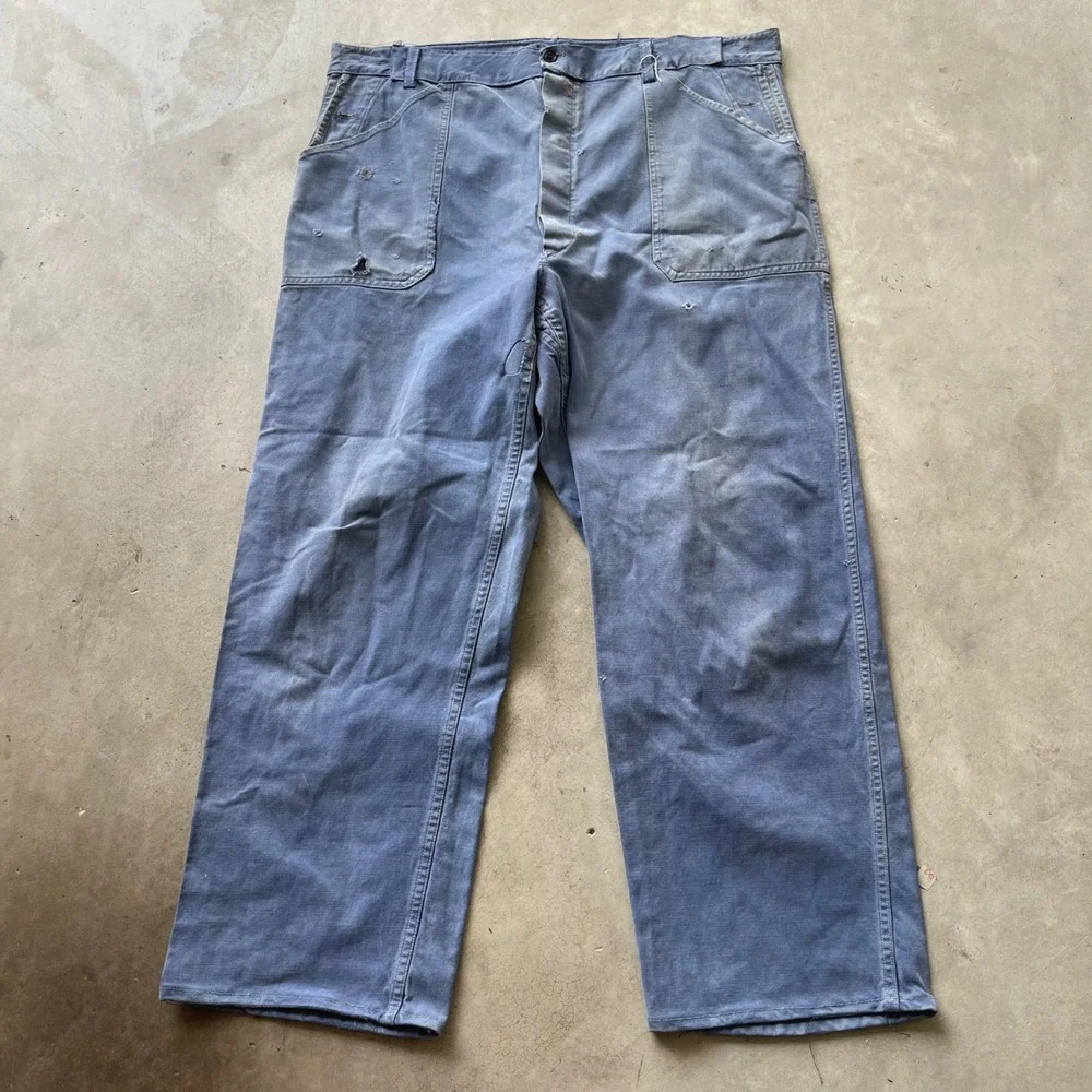 Vintage 40s French Workwear Chore Pants Blue Faded Distressed Button Fly 38x28